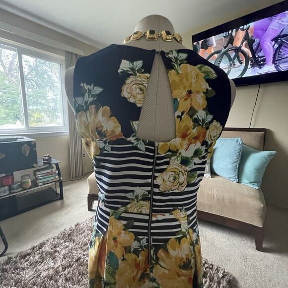 DB Estb 1962 Navy White Yellow Spring Summer Floral Striped Pleated Dress Sz 16 - Picture 11 of 15